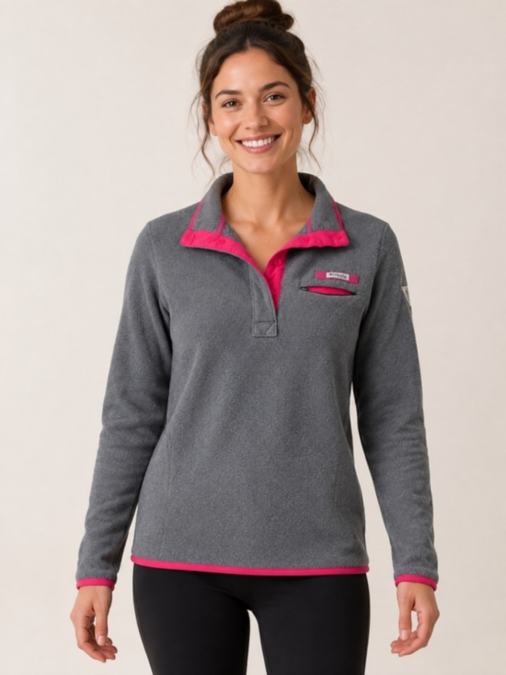 Columbia Small Gray Pink Snap Neck Fleece Pullover Zip Pocket Vintage